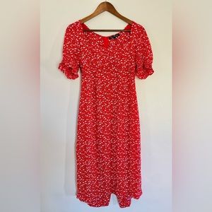 Red Floral MIDI Dress with Sweetheart Neckline